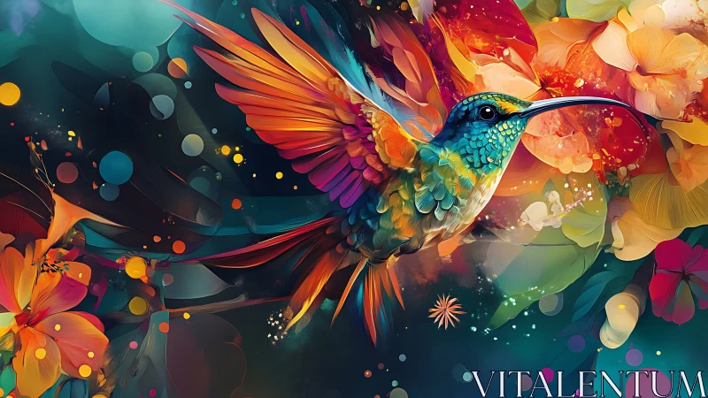 Colorful hummingbird in flight surrounded by vivid flowers.