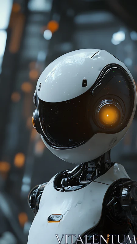 Futuristic service robot with glowing eye in soft bokeh lab.