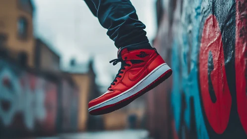 Red high-top sneaker in dynamic urban street close-up shot.