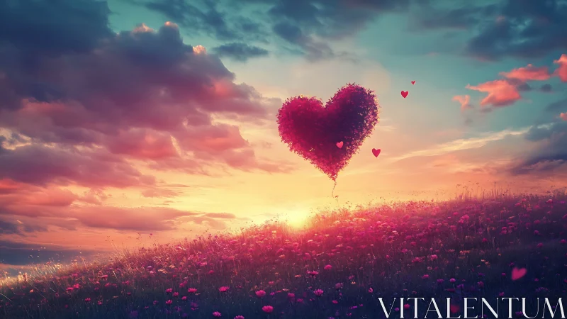 Heart-Shaped Cloud Floats Above Blooming Flower Field at Sunset