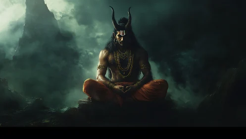 Horned mystic in molten orange robes amid stormy misted void.