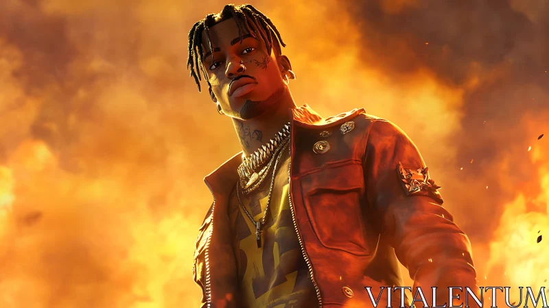 Stylized street idol emerging from blazing inferno backdrop.