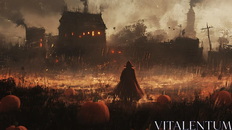 Cloaked wanderer crosses a haunted pumpkin field at dusk