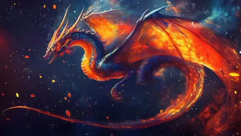 Fiery cosmic dragon in motion across glowing night sky.