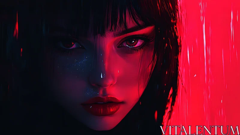Intense digital portrait isolates woman in red neon rain