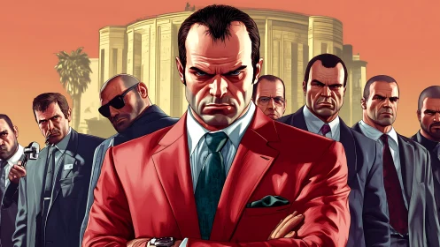 Crimson kingpin commands a steel-eyed council at sundown