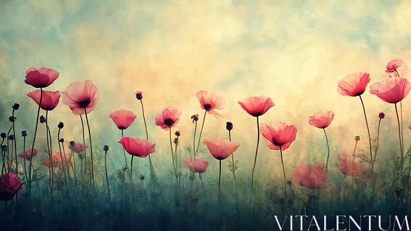 Pink Poppy Field Blooming Against Misty Dawn Sky.