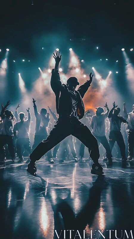 Silhouetted lead dancer on stage with backlit group ensemble.