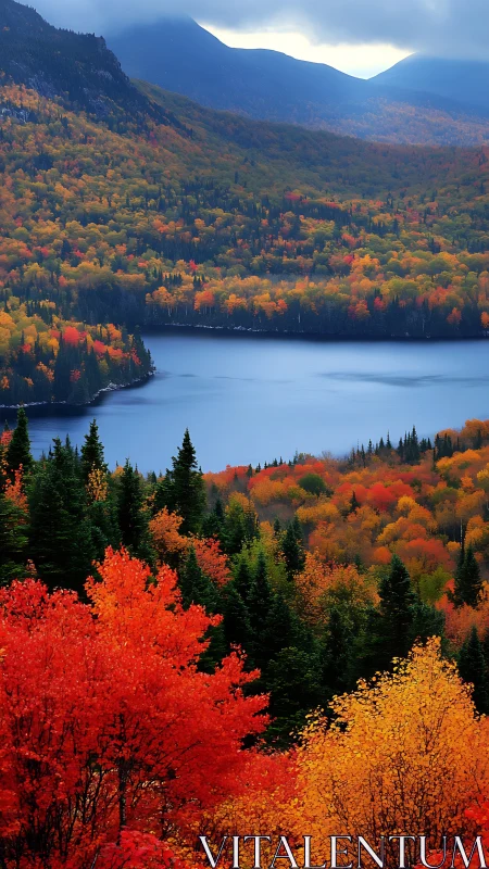 Mountain lake is surrounded by dense mixed forest in autumn