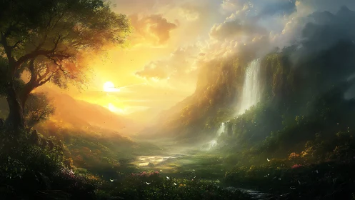 Luminous valley sunrise with cascading waterfalls, digital painting.
