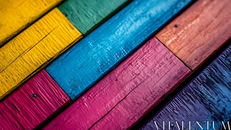 Colorful wooden planks align in vivid diagonal stripes.