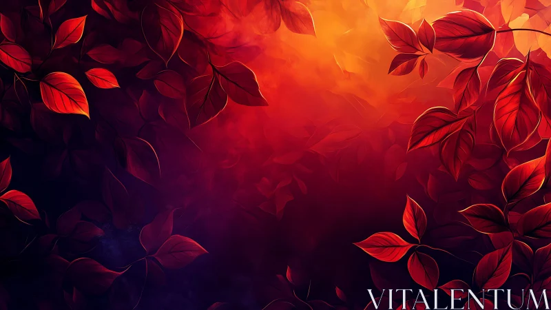 Red autumn leaves against vivid orange and purple light.