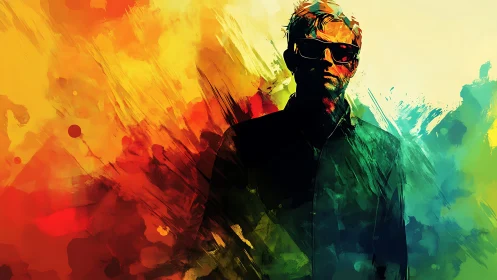 Abstract portrait of man in sunglasses with vivid colors.