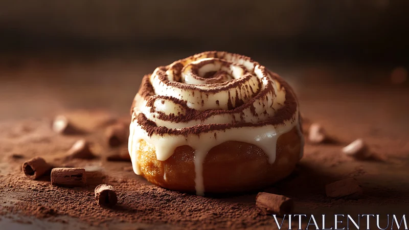 Cinnamon roll with icing and cocoa dust on rustic surface.