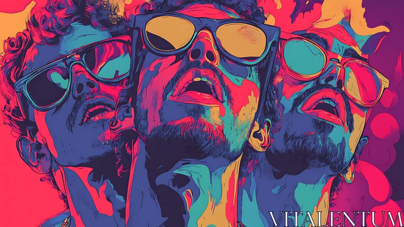 Neon triptych portrait in saturated duotone psychedelic palette.