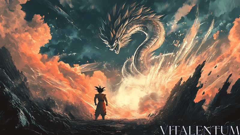 Warrior confronts colossal dragon amid erupting storm sky