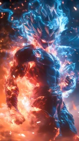 Elemental warrior ignites in twin storms of fire and ice power.