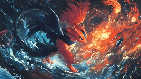 Elemental dragon duel ignites a storm of fire and ocean fury.