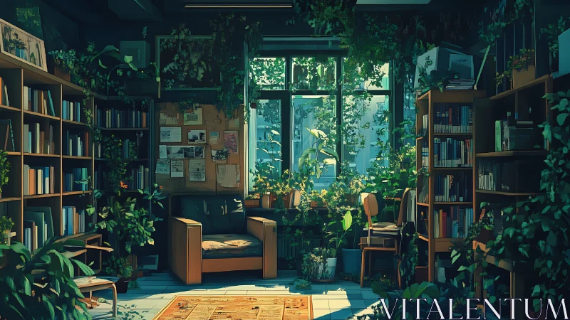 Sunlit library nook welcomes lush plants and quiet reading
