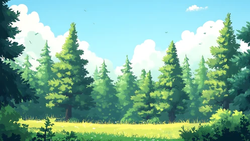 Verdant Forest Clearing Under Blue Sky with Cumulus Clouds