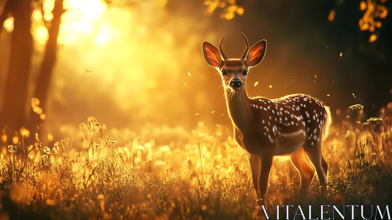 Young deer stands in glowing golden forest meadow at sunrise