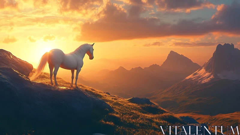 White horse on sunlit mountain ridge at low sunset horizon.