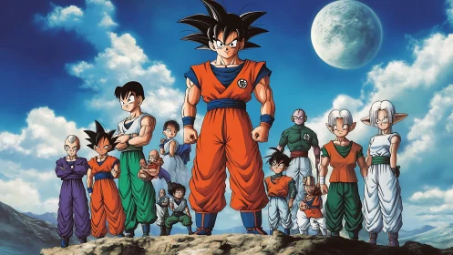 Heroic anime warriors united beneath luminous full moon.