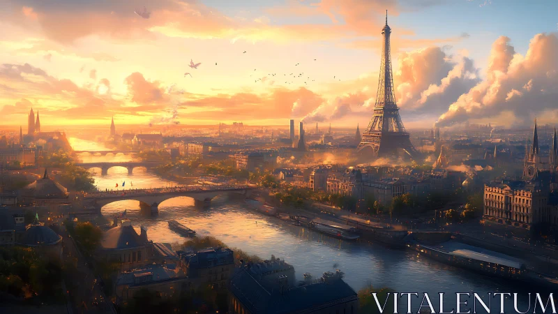 Golden Paris evening glows softly around the calm river