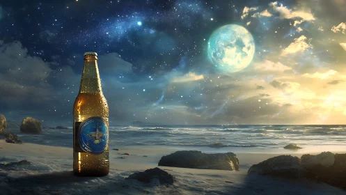 Backlit beer bottle on wet shoreline under luminous cosmic sky