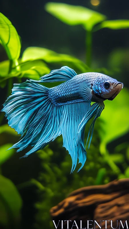 Blue betta fish glides through lush green aquarium plants.