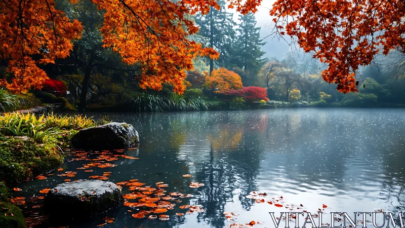 Autumn foliage around still lake with overhanging branches.