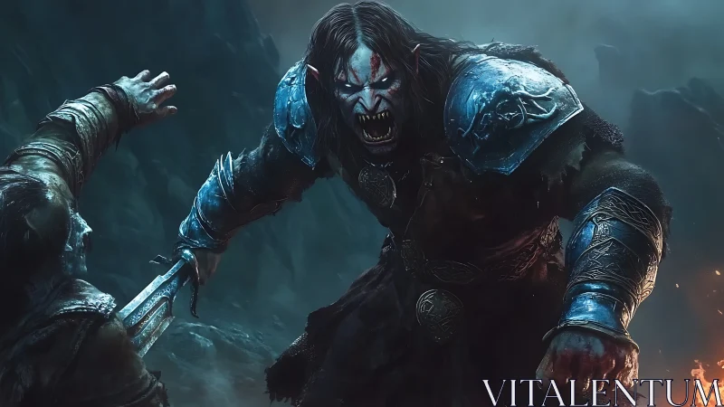 Armored monster warrior lunges toward fallen opponent