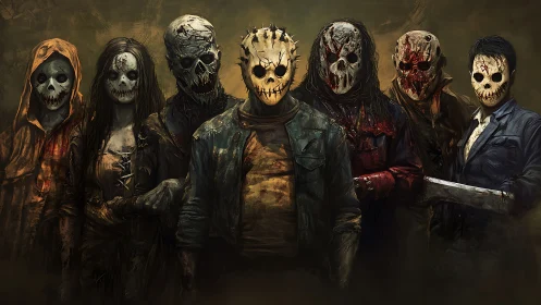 Masked killers stand in formation wearing distressed clothing