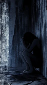 Silhouetted woman curled in dark corner, emotional isolation.
