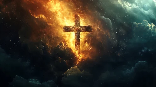 Radiant fiery cross glows gently amid brooding cosmic clouds