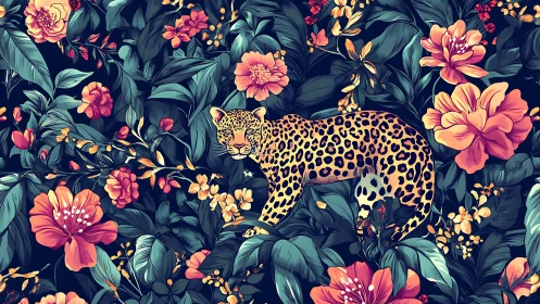 Leopard lounging in a lush dream of tropical florals.