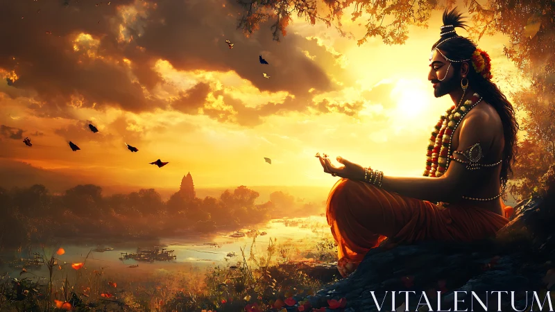 Sunlit yogi in meditative pose overlooking luminous river valley