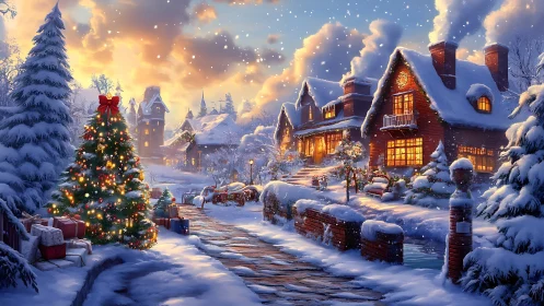 Snowy Christmas village street glows under golden sunset.