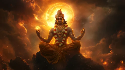 Solar halo yogi radiates molten serenity above clouds.