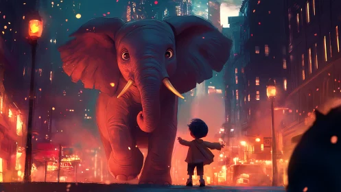 Midnight city elephant meets fearless child in neon hush.