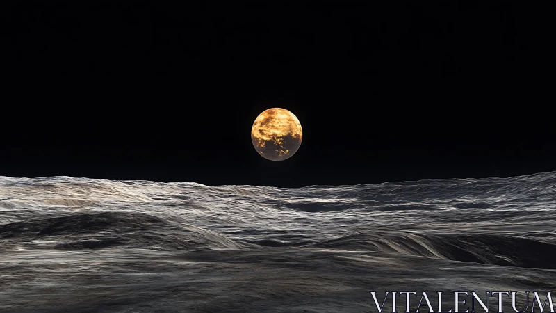 Lunar horizon unfolds beneath a glowing golden Earth.