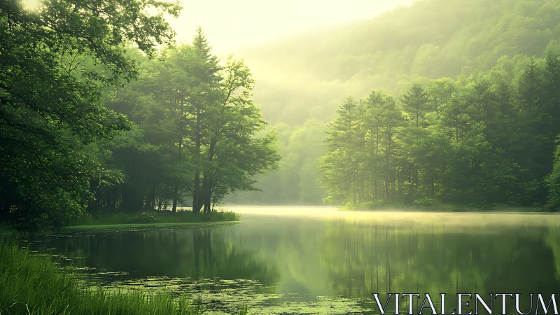 Luminous Forest Awakens: Morning Mist Cradles Silent Waters.