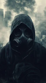 Hooded survivor in gas mask walking through toxic city ruins.