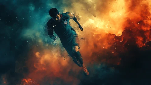 Soccer striker racing through clouds of fire and smoke.