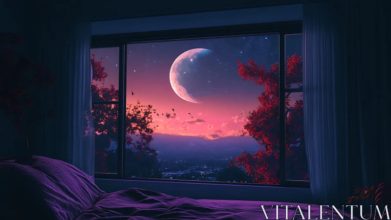 Nocturnal bedroom view with crescent moon over neon valley.