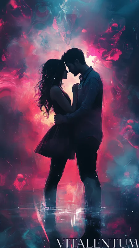 Neon-Silhouetted Couple: Digital Painting with Volumetric Light.