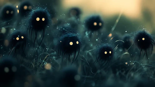 Glowing-eyed shadow sprites drift through misty meadow twilight.