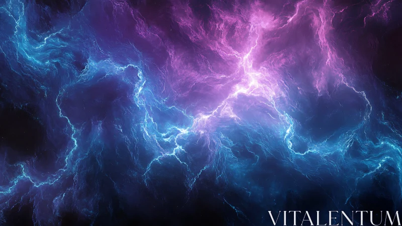 Glowing cosmic storm in swirling pink and electric blue light.