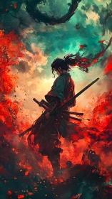 Lone samurai amid crimson embers and swirling teal skies.