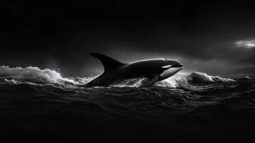 Orca breaching stormy monochrome ocean at night.